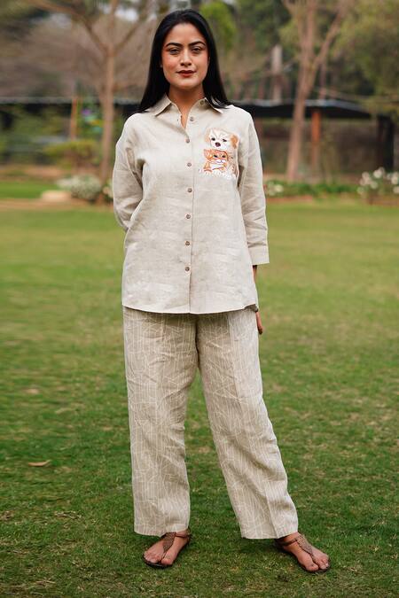 Buy_Linen Bloom_Beige Linen Embroidery Collared Dog And Cat Shirt _Online_at_Aza_Fashions