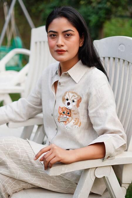 Shop_Linen Bloom_Beige Linen Embroidery Collared Dog And Cat Shirt _Online_at_Aza_Fashions