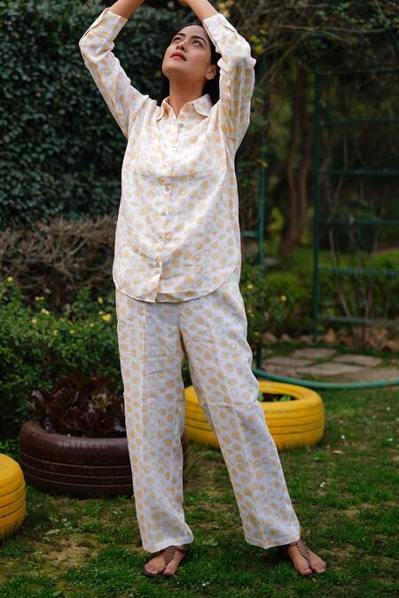 Buy_Linen Bloom_Yellow Linen Collared Polka Dot Print Shirt _Online_at_Aza_Fashions