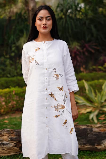 Linen Bloom White 100% Linen Embroidered Floral Round Tunic
