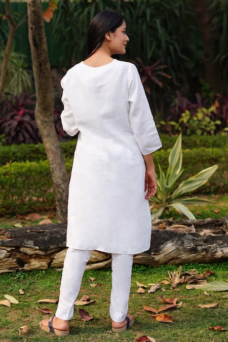 Linen Bloom_White Linen Embroidery Round Neck Floral Tunic _Online_at_Aza_Fashions