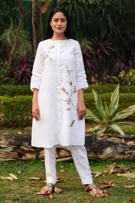 Buy_Linen Bloom_White Linen Embroidery Round Neck Floral Tunic _Online_at_Aza_Fashions