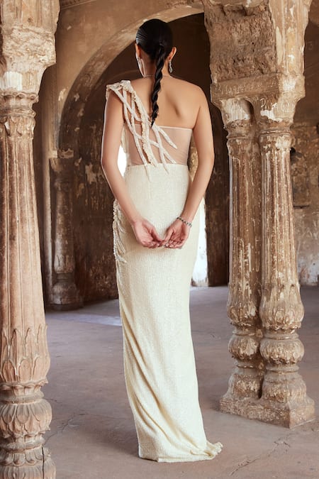 Kamaali Couture Ivory Cutwork Embroidered Saree Gown 