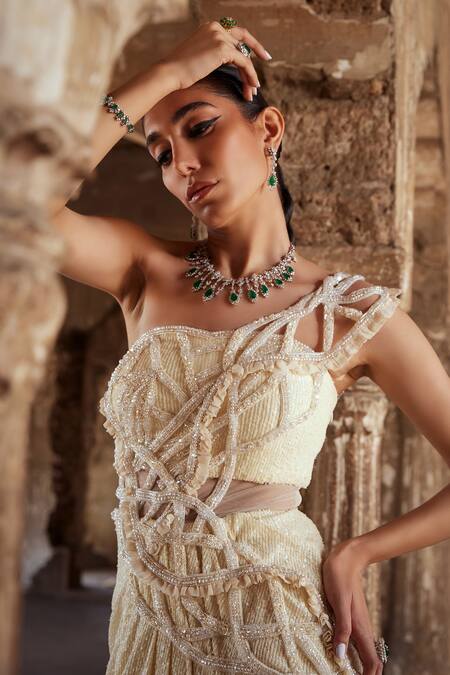 Kamaali Couture_Ivory Tulle, Silk Pearls, Crystals Asymmetric Cutwork Embroidered Saree Gown _Online_at_Aza_Fashions