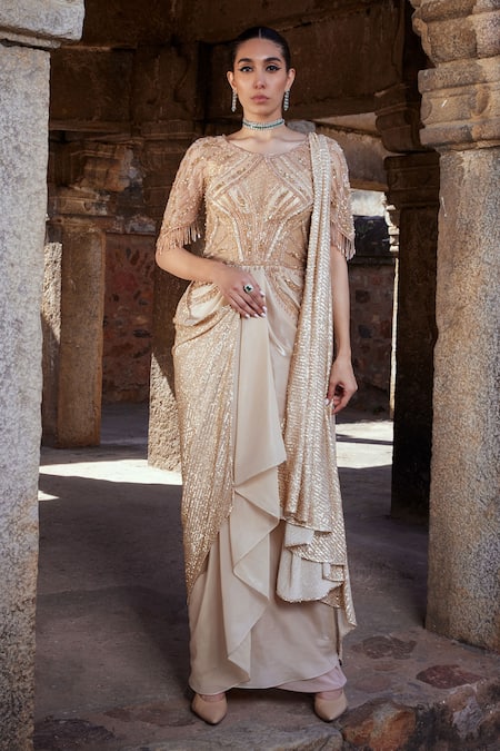 Kamaali Couture Elio Sequin Embellished Draped Saree Gown 