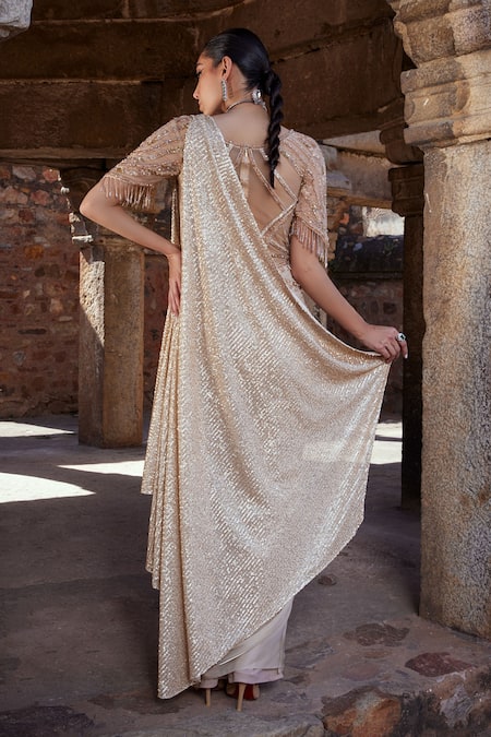 Kamaali Couture Gold Sequin Embellished Draped Saree Gown 