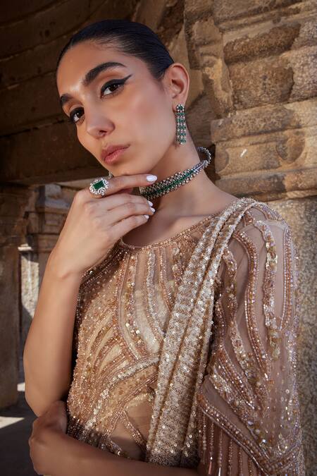 Kamaali Couture_Gold Gingham, Organza Sequins Round Neck Embellished Draped Saree Gown _Online_at_Aza_Fashions