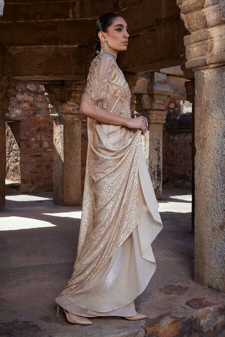 Buy_Kamaali Couture_Gold Gingham, Organza Sequins Round Neck Embellished Draped Saree Gown _Online_at_Aza_Fashions