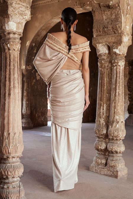 Kamaali Couture Champagne Gold Embellished Saree Gown 