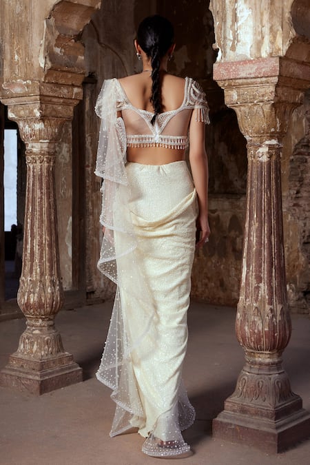 Kamaali Couture Marici Pearl Embroidered Pre-Draped Saree With Blouse 