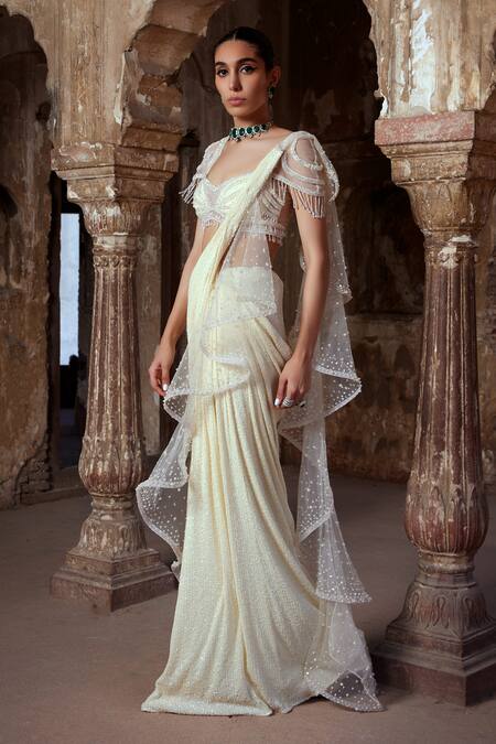 Buy Kamaali Couture Ivory Tulle Pearls, Sequins Marici Embroidered Pre-draped Saree With Blouse Online at Aza Fashions Buy_Kamaali Couture_Ivory Tulle Pearls, Sequins Marici Embroidered Pre-draped Saree With Blouse _Online_at_Aza_Fashions
