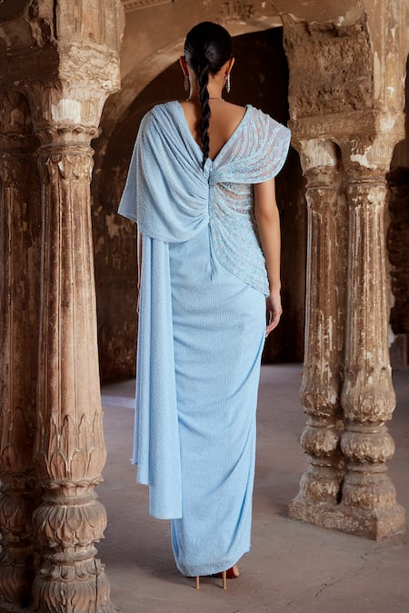 Kamaali Couture Blue Embellished Structured Saree Gown 