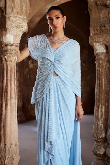 Kamaali Couture_Blue Tulle Cut Work V-neck Embellished Structured Saree Gown _Online_at_Aza_Fashions