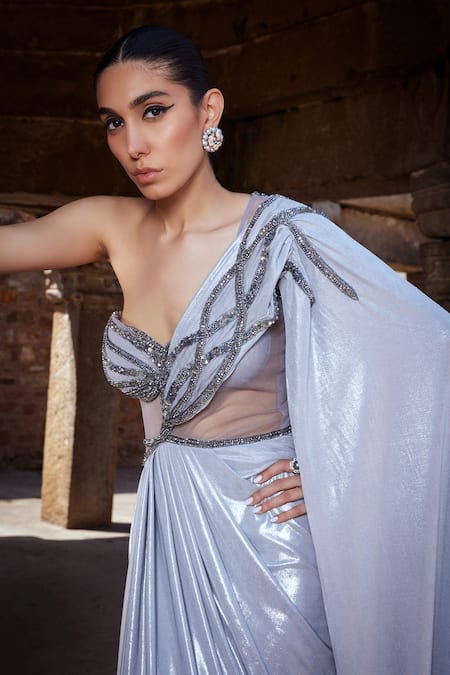 Kamaali Couture_Gray Tulle, Silk Sequins, Cut Work, Beads Cutdana Embellished Grey Saree Gown _Online_at_Aza_Fashions