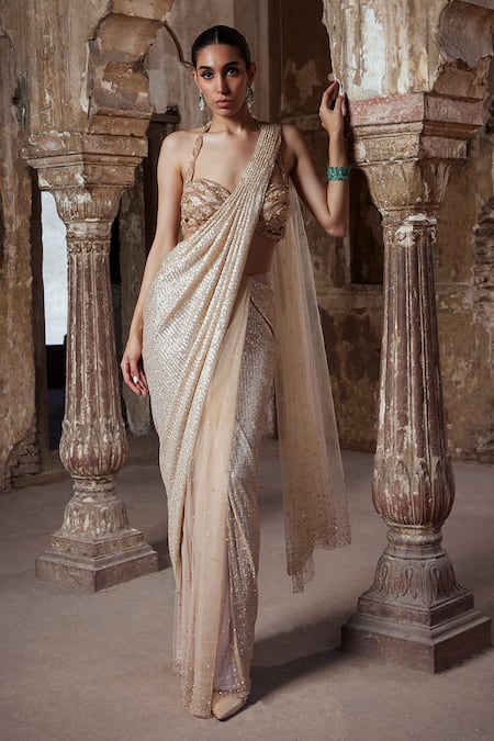 Kamaali Couture Gold Tulle Embellished Elora Sequin And Embroidered Pre-draped Saree With Blouse 