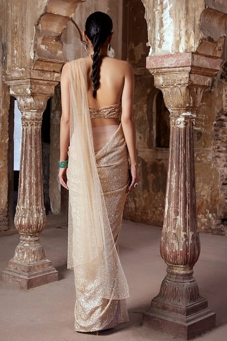 Kamaali Couture Elora Sequin & Tulle Pearl Embroidered Pre-Draped Saree With Blouse 
