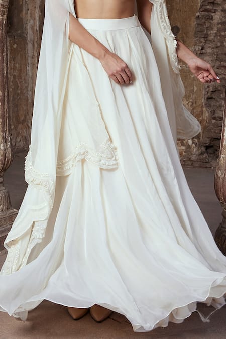 Buy_Kamaali Couture_Ivory Organza, Tulle Sequins, Beads Siria Embellished Cape Flared Skirt Set _Online_at_Aza_Fashions