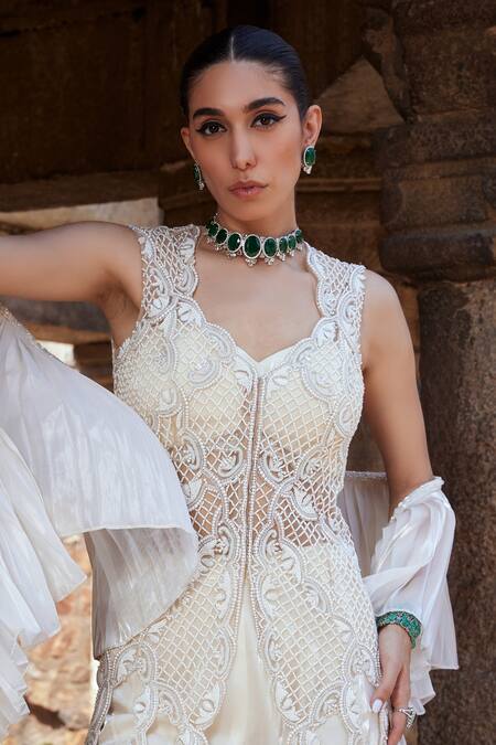 Kamaali Couture_Ivory Tulle, Organza Pearls Scoop Neck Elaine Embroidered Tunic Sharara Set _Online_at_Aza_Fashions