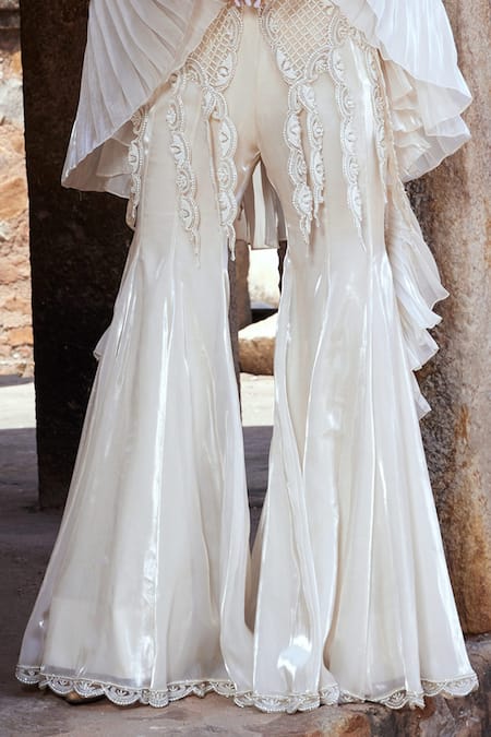 Buy_Kamaali Couture_Ivory Tulle, Organza Pearls Scoop Neck Elaine Embroidered Tunic Sharara Set _Online_at_Aza_Fashions