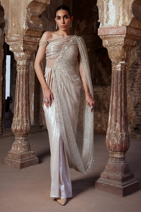 Kamaali Couture Gold Shimmer Embroidered Pearl One-shoulder Champagne Saree Gown 