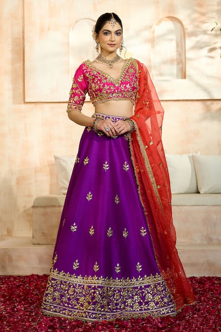 Preeti S Kapoor x AZA Purple Blouse And Lehenga Dupion Embroidered Floral V Neck Gota Set 