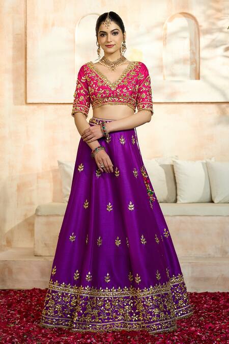 Preeti S Kapoor X AZA Purple Silk, Viscose Embroidery, Gota Patti, Sequins V-neck Floral Lehenga Set Online at Aza Fashions Preeti S Kapoor X AZA_Purple Silk, Viscose Embroidery, Gota Patti, Sequins V-neck Floral Lehenga Set _Online_at_Aza_Fashions
