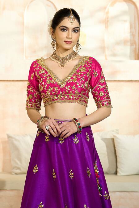 Buy Preeti S Kapoor X AZA Purple Silk, Viscose Embroidery, Gota Patti, Sequins V-neck Floral Lehenga Set Online at Aza Fashions Buy_Preeti S Kapoor X AZA_Purple Silk, Viscose Embroidery, Gota Patti, Sequins V-neck Floral Lehenga Set _Online_at_Aza_Fashions