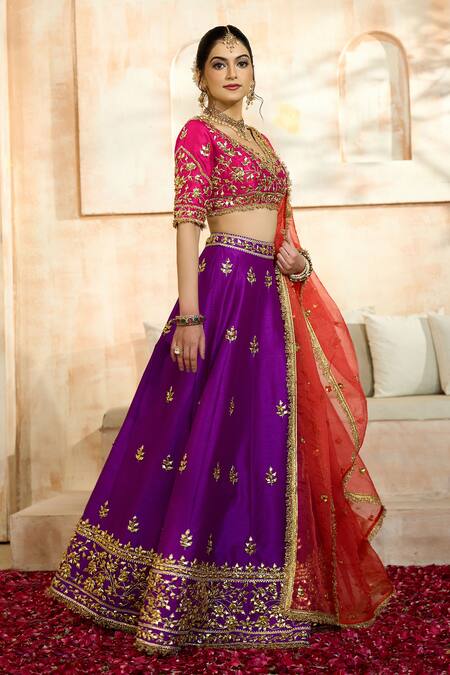 Shop Preeti S Kapoor X AZA Purple Silk, Viscose Embroidery, Gota Patti, Sequins V-neck Floral Lehenga Set Online at Aza Fashions Shop_Preeti S Kapoor X AZA_Purple Silk, Viscose Embroidery, Gota Patti, Sequins V-neck Floral Lehenga Set _Online_at_Aza_Fashions