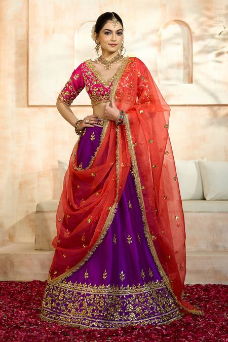 Preeti S Kapoor X AZA Purple Silk, Viscose Embroidery, Gota Patti, Sequins V-neck Floral Lehenga Set at Aza Fashions Preeti S Kapoor X AZA_Purple Silk, Viscose Embroidery, Gota Patti, Sequins V-neck Floral Lehenga Set _at_Aza_Fashions