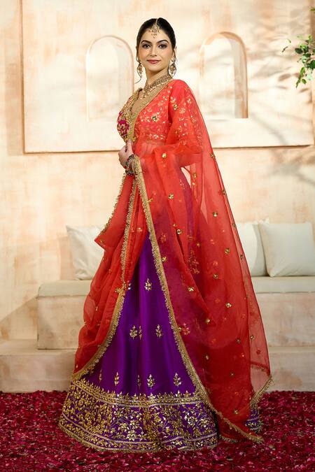 Buy Preeti S Kapoor X AZA Purple Silk, Viscose Embroidery, Gota Patti, Sequins V-neck Floral Lehenga Set Buy_Preeti S Kapoor X AZA_Purple Silk, Viscose Embroidery, Gota Patti, Sequins V-neck Floral Lehenga Set