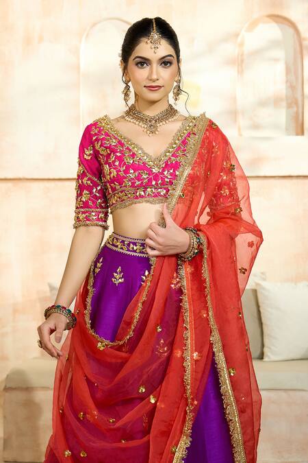 Shop Preeti S Kapoor X AZA Purple Silk, Viscose Embroidery, Gota Patti, Sequins V-neck Floral Lehenga Set Shop_Preeti S Kapoor X AZA_Purple Silk, Viscose Embroidery, Gota Patti, Sequins V-neck Floral Lehenga Set