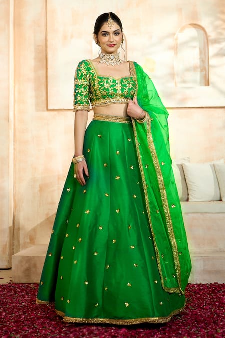 Preeti S Kapoor x AZA Green Blouse And Lehenga Dupion Embroidered Floral Sweetheart Gota Set 