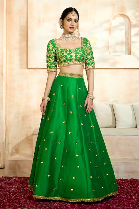 Preeti S Kapoor X AZA Green Silk, Denim, Viscose Embroidery, Gota Patti Sweetheart Neck Lehenga Set Online at Aza Fashions Preeti S Kapoor X AZA_Green Silk, Denim, Viscose Embroidery, Gota Patti Sweetheart Neck Lehenga Set _Online_at_Aza_Fashions