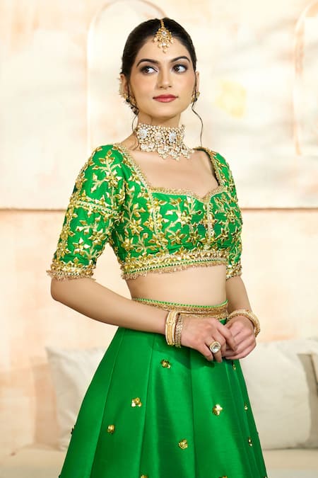 Buy Preeti S Kapoor X AZA Green Silk, Denim, Viscose Embroidery, Gota Patti Sweetheart Neck Lehenga Set Online at Aza Fashions Buy_Preeti S Kapoor X AZA_Green Silk, Denim, Viscose Embroidery, Gota Patti Sweetheart Neck Lehenga Set _Online_at_Aza_Fashions