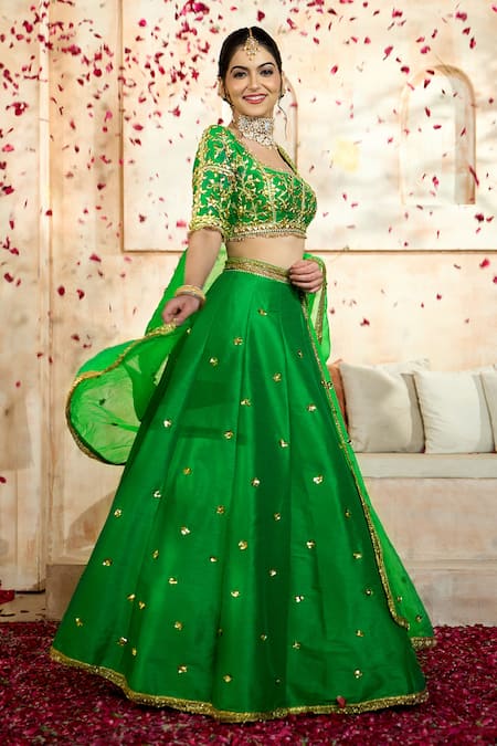 Shop Preeti S Kapoor X AZA Green Silk, Denim, Viscose Embroidery, Gota Patti Sweetheart Neck Lehenga Set Online at Aza Fashions Shop_Preeti S Kapoor X AZA_Green Silk, Denim, Viscose Embroidery, Gota Patti Sweetheart Neck Lehenga Set _Online_at_Aza_Fashions