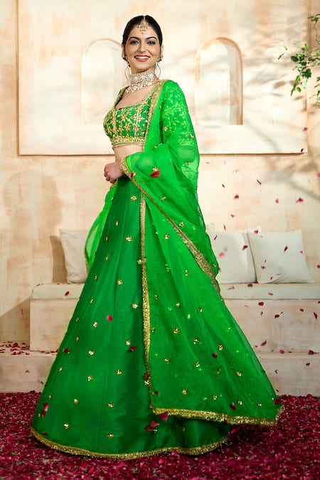 Preeti S Kapoor X AZA Green Silk, Denim, Viscose Embroidery, Gota Patti Sweetheart Neck Lehenga Set at Aza Fashions Preeti S Kapoor X AZA_Green Silk, Denim, Viscose Embroidery, Gota Patti Sweetheart Neck Lehenga Set _at_Aza_Fashions