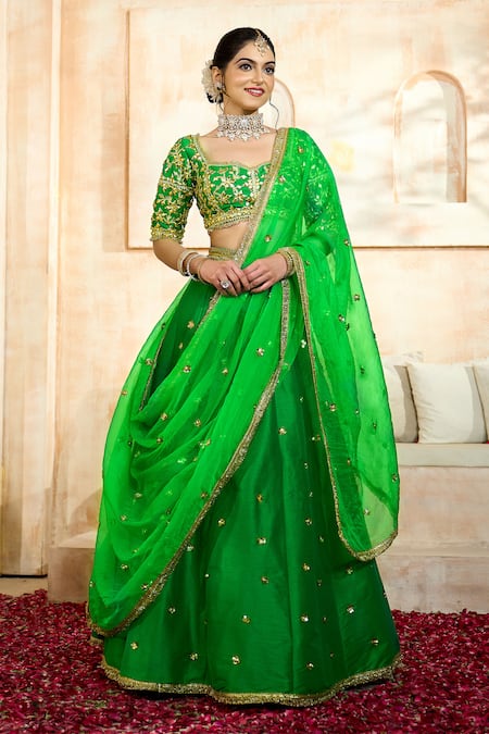 Buy Preeti S Kapoor X AZA Green Silk, Denim, Viscose Embroidery, Gota Patti Sweetheart Neck Lehenga Set Buy_Preeti S Kapoor X AZA_Green Silk, Denim, Viscose Embroidery, Gota Patti Sweetheart Neck Lehenga Set