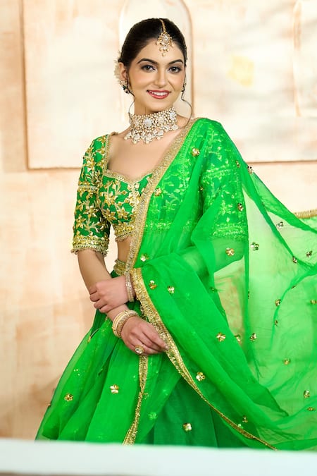 Shop Preeti S Kapoor X AZA Green Silk, Denim, Viscose Embroidery, Gota Patti Sweetheart Neck Lehenga Set Shop_Preeti S Kapoor X AZA_Green Silk, Denim, Viscose Embroidery, Gota Patti Sweetheart Neck Lehenga Set