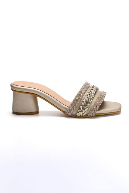 Nidhi Bhandari_Gold Smocking Swarovski Embellished Block Heels _Online_at_Aza_Fashions