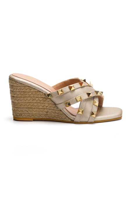 Nidhi Bhandari_Gold Studs Criss Cross Embellished Wedges _Online_at_Aza_Fashions