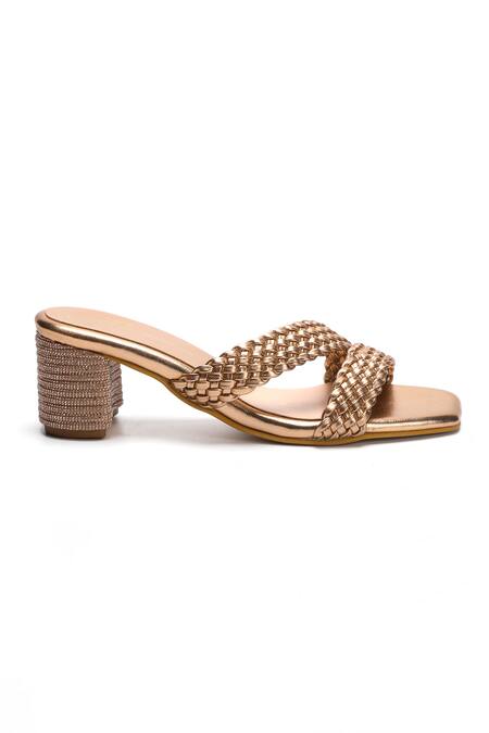 Nidhi Bhandari_Rose Gold Stones Braided Pattern Swarovski Block Heels _Online_at_Aza_Fashions