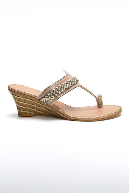 Nidhi Bhandari_Beige Kolhapuri Braided Pattern Wedges _Online_at_Aza_Fashions
