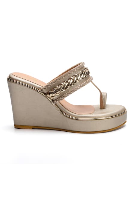 Nidhi Bhandari_Gold Stones Swarovski Embellished Kolhapuri Wedges _Online_at_Aza_Fashions