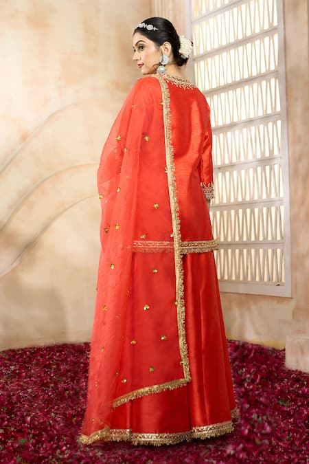 Shop Preeti S Kapoor X AZA Red Silk, Viscose, Organza Embroidery, Gota Patti Split V-neck Kurta Sharara Set at Aza Fashions Shop_Preeti S Kapoor X AZA_Red Silk, Viscose, Organza Embroidery, Gota Patti Split V-neck Kurta Sharara Set _at_Aza_Fashions