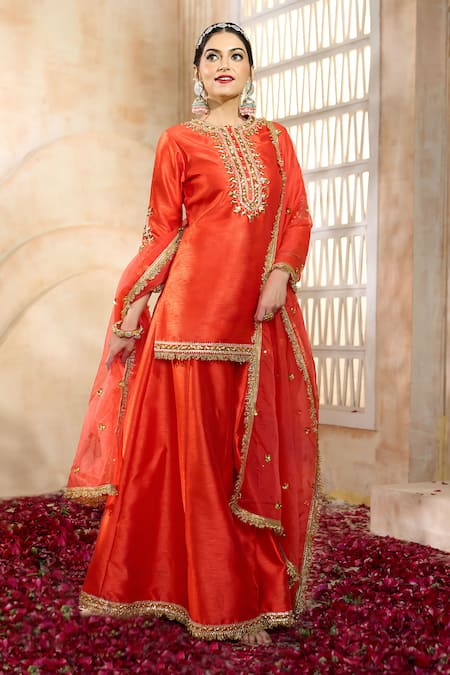 Preeti S Kapoor X AZA Red Silk, Viscose, Organza Embroidery, Gota Patti Split V-neck Kurta Sharara Set Online at Aza Fashions Preeti S Kapoor X AZA_Red Silk, Viscose, Organza Embroidery, Gota Patti Split V-neck Kurta Sharara Set _Online_at_Aza_Fashions