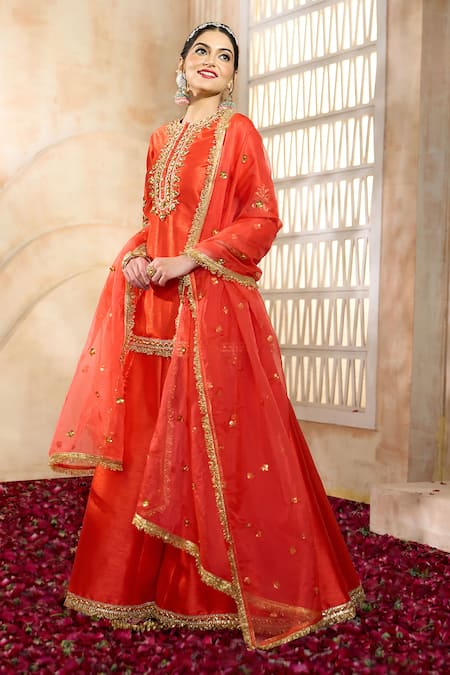 Buy Preeti S Kapoor X AZA Red Silk, Viscose, Organza Embroidery, Gota Patti Split V-neck Kurta Sharara Set Online at Aza Fashions Buy_Preeti S Kapoor X AZA_Red Silk, Viscose, Organza Embroidery, Gota Patti Split V-neck Kurta Sharara Set _Online_at_Aza_Fashions