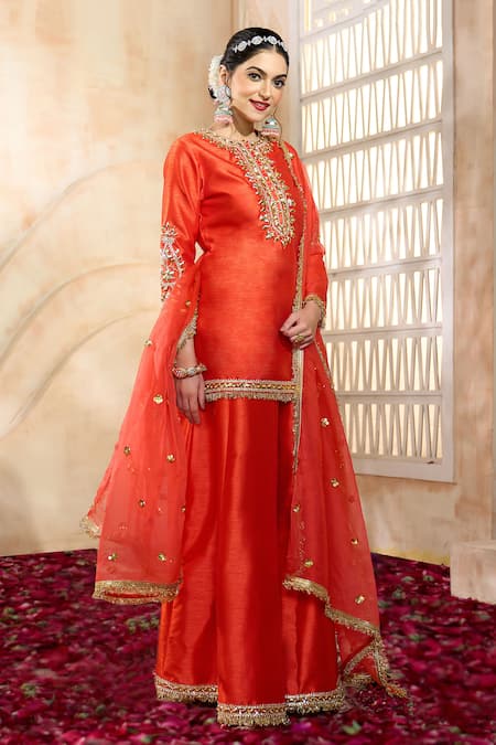 Shop Preeti S Kapoor X AZA Red Silk, Viscose, Organza Embroidery, Gota Patti Split V-neck Kurta Sharara Set Online at Aza Fashions Shop_Preeti S Kapoor X AZA_Red Silk, Viscose, Organza Embroidery, Gota Patti Split V-neck Kurta Sharara Set _Online_at_Aza_Fashions