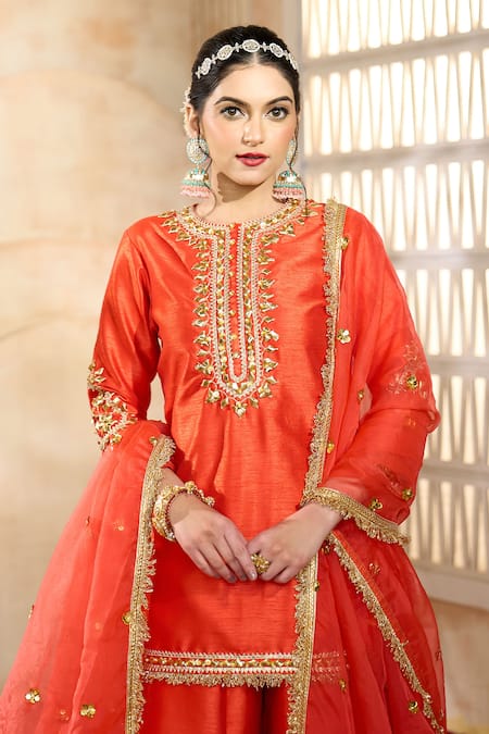Preeti S Kapoor X AZA Red Silk, Viscose, Organza Embroidery, Gota Patti Split V-neck Kurta Sharara Set at Aza Fashions Preeti S Kapoor X AZA_Red Silk, Viscose, Organza Embroidery, Gota Patti Split V-neck Kurta Sharara Set _at_Aza_Fashions
