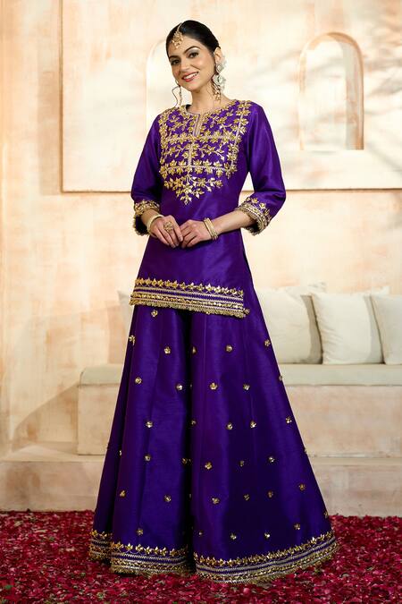 Preeti S Kapoor X AZA Blue Viscose, Organza, Silk Embroidery, Lace, Gota Flower Kurta Sharara Set Online at Aza Fashions Preeti S Kapoor X AZA_Blue Viscose, Organza, Silk Embroidery, Lace, Gota Flower Kurta Sharara Set _Online_at_Aza_Fashions