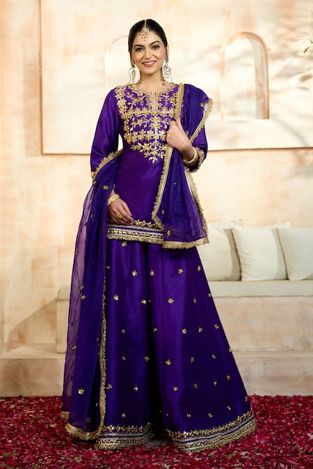 Shop Preeti S Kapoor X AZA Blue Viscose, Organza, Silk Embroidery, Lace, Gota Flower Kurta Sharara Set Online at Aza Fashions Shop_Preeti S Kapoor X AZA_Blue Viscose, Organza, Silk Embroidery, Lace, Gota Flower Kurta Sharara Set _Online_at_Aza_Fashions